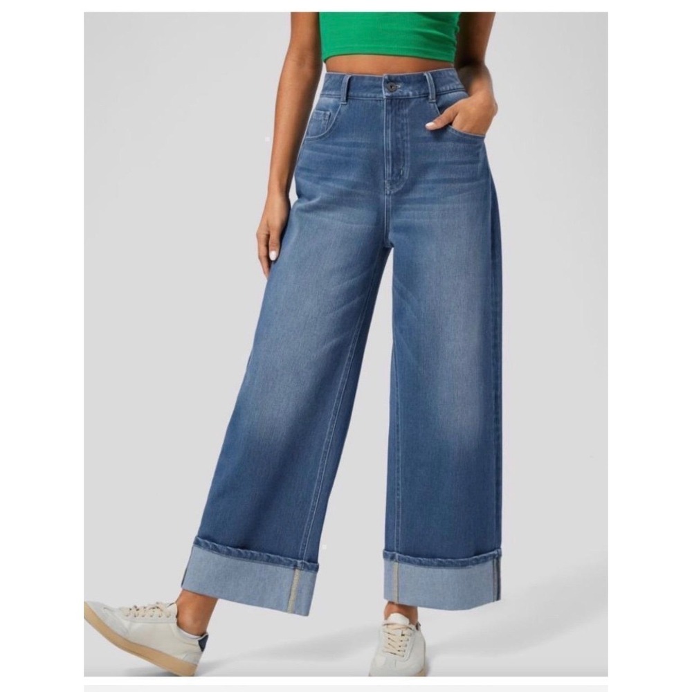 Halara Flex High Waisted Wide Leg Jeans Medium Wash Cuffed Denim Size Large NWT